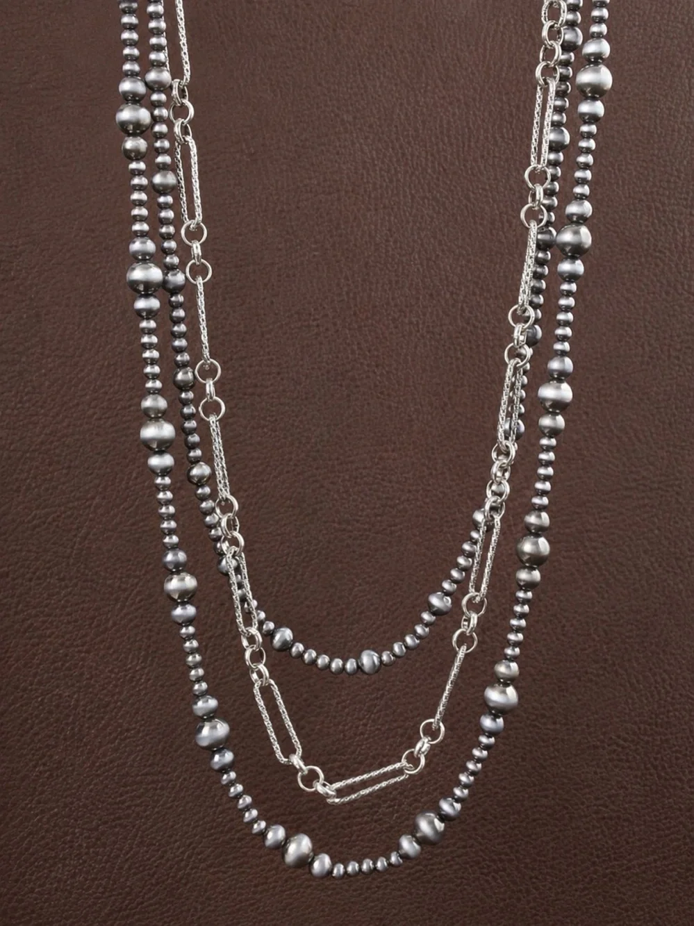 Costume Southwest Silver Tone FAUX Navajo Pearl Multi Strand Beaded Necklace